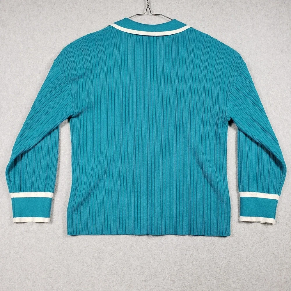 BTFBM Womens 2 Piece Lounge Set Large Teal Blue Ribbed Knit Polo & Wide Leg Pant